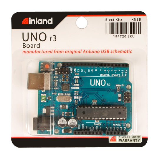 Inland Uno R3 MainBoard Arduino Compatible ATmega328 Microcontroller; 16MHz Clock Rate; 32KB Flash Memory