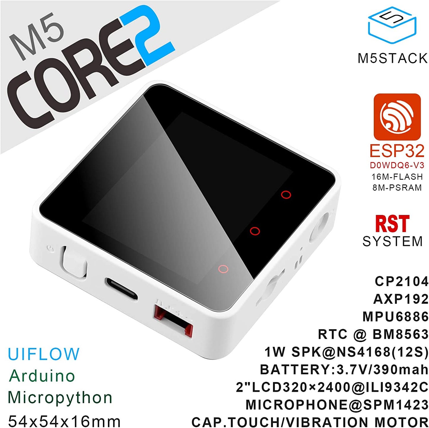 MakerFocus M5Stack Core2 ESP32 Development Kit 2nd Generation Core Device CP2104 MPU 6886 Built-in Bluetooth WiFi with Dual Core 32-bit 240Mhz LX6 Processors 16M Flash 8M PSRAM for UIFlow MicroPython
