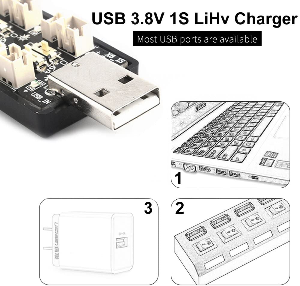 Upgrade 1S LiPo Battery USB 3.8V/4.35V Charger 6 Channel 1S LiHV Charger for EMAX Tinyhawk Blade Inductrix Tiny Whoop Inductrix FPV Plus Battery Micro JST 1.25 JST-PH 2.0 mCX mCPX Connectors