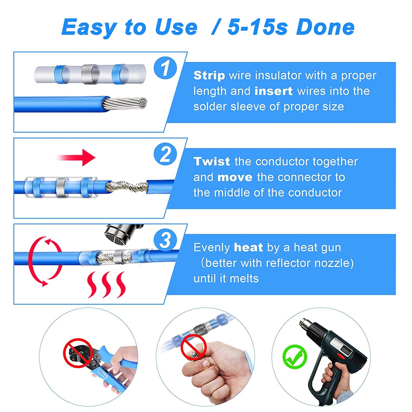 Kuject 200PCS Solder Seal Wire Connector Kit, Solder Seal Butt Terminal Waterproof Insulated Electrical Butt Terminals Wire Splice for Automotive Marine Boat